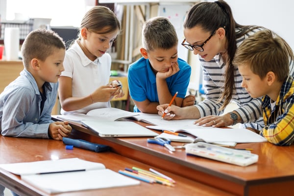 Teacher working with a small group of primary students around a classroom table